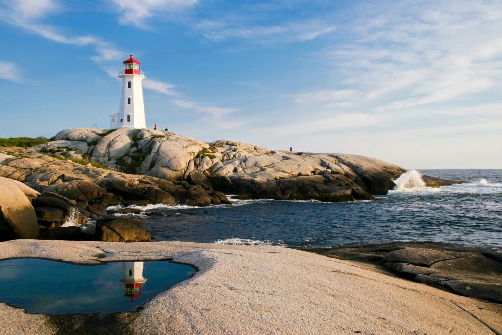 pexels-photo-247506-247506 Lighthouse on rocky coast with ocean waves and bright sky, perfect for maritime themes.